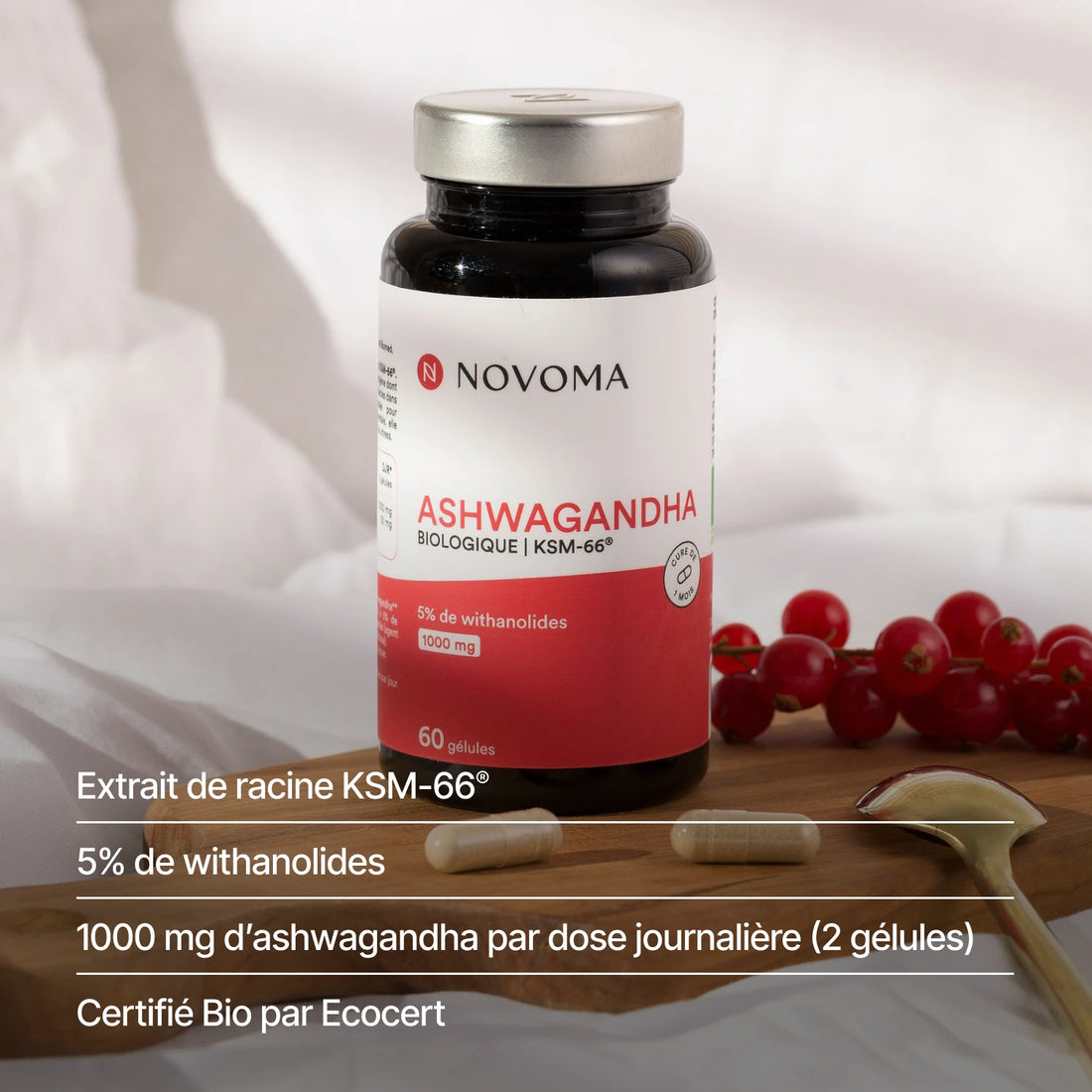 Ashwagandha Bio : extrait de racine KSM-66® à 5 % de withanolides, 1 000 mg pour 2 gélules