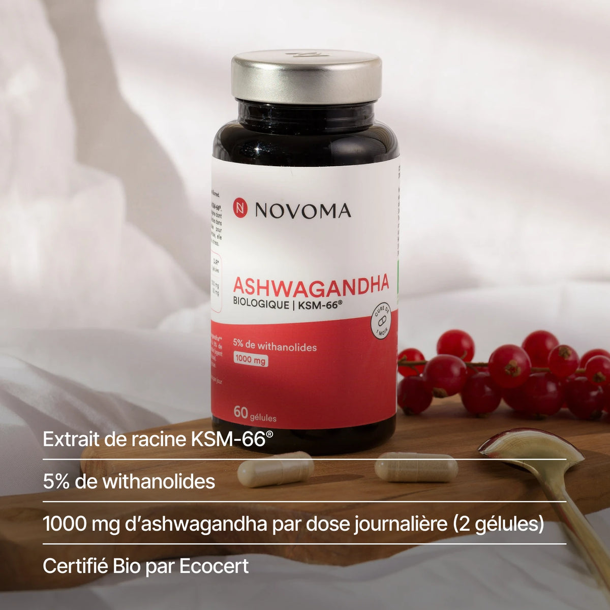 Ashwagandha Bio : extrait de racine KSM-66® à 5 % de withanolides, 1 000 mg pour 2 gélules
