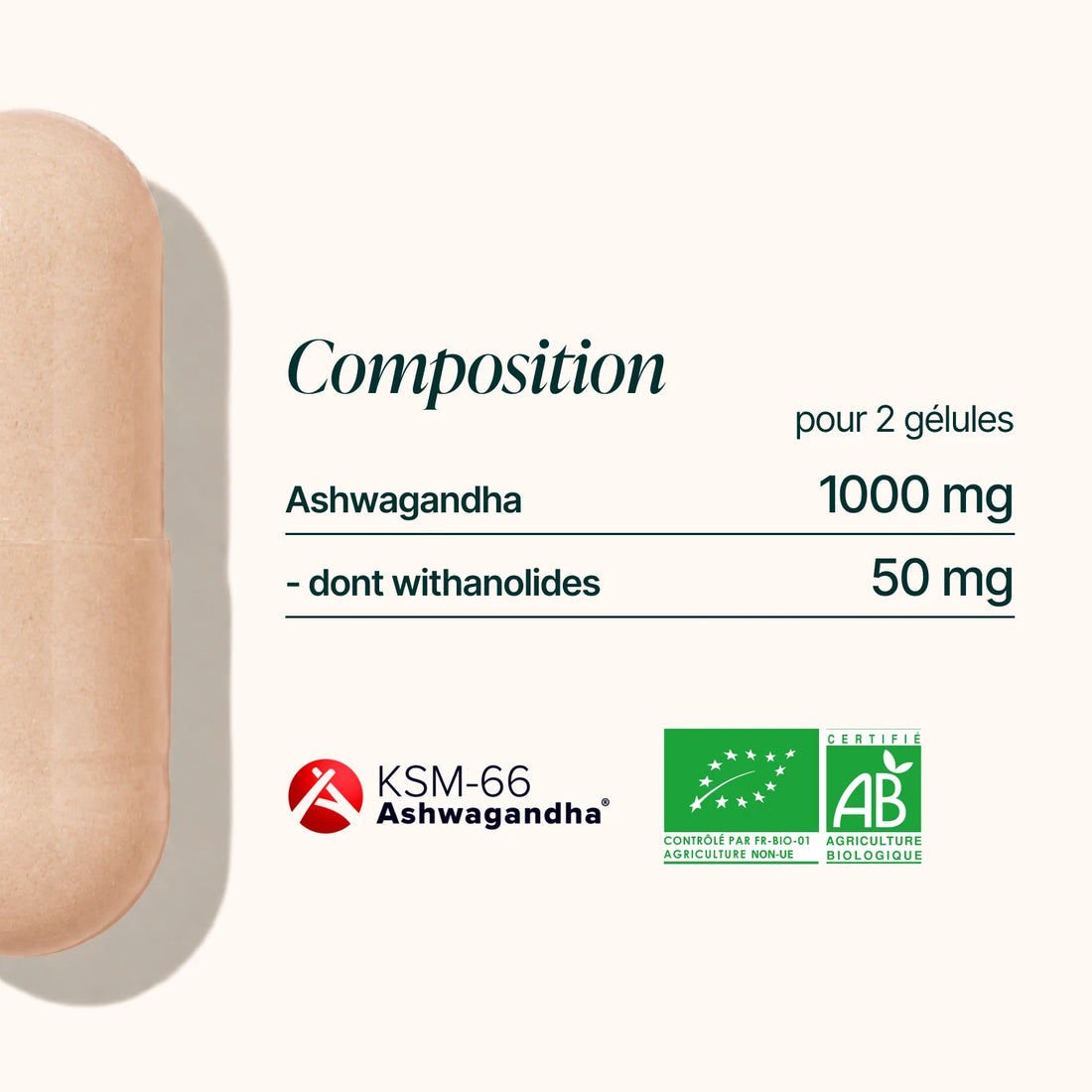 Composition de l'Ashwagandha Bio : 1 000 mg d'ashwagandha dont 50 mg de withanolides pour 2 gélules
