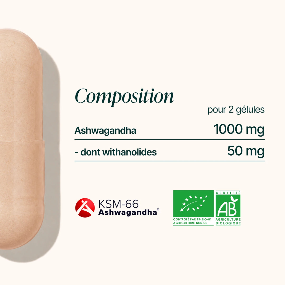 Composition de l'Ashwagandha Bio : 1 000 mg d'ashwagandha dont 50 mg de withanolides pour 2 gélules