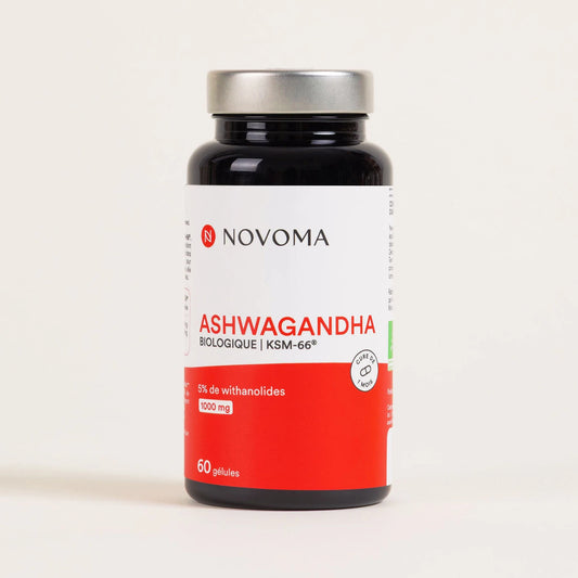 Pilulier d'Ashwagandha Bio KSM-66® Novoma, gélules d'extrait de racine certifié bio