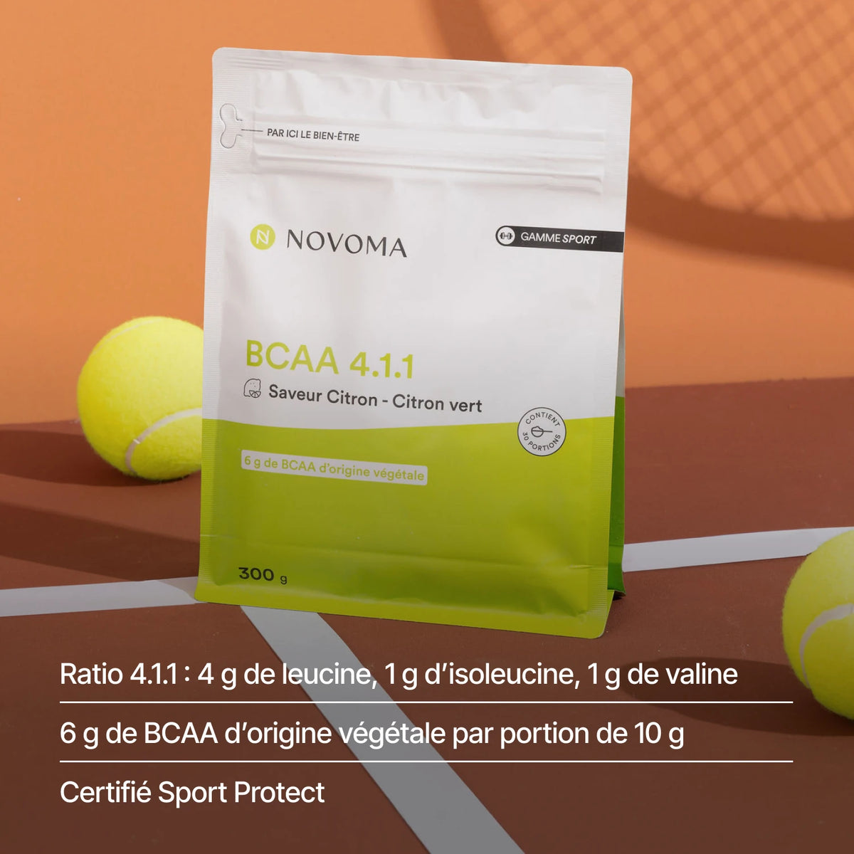 BCAA et balles de tennis : ratio 4.1.1, 6 g de BCAA végétaux par portion, certifiés Sport Protect