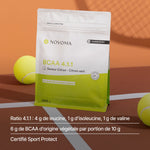 BCAA et balles de tennis : ratio 4.1.1, 6 g de BCAA végétaux par portion, certifiés Sport Protect