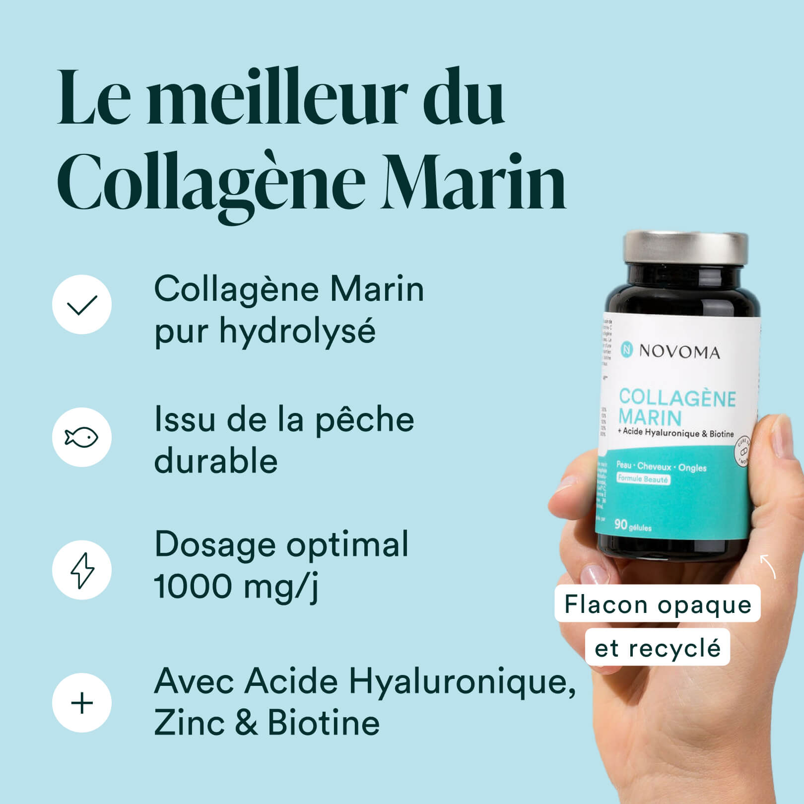 Collagène marin avec acide hyaluronique et zinc. Complément de collagène pour l’hydratation de la peau et anti-âge.