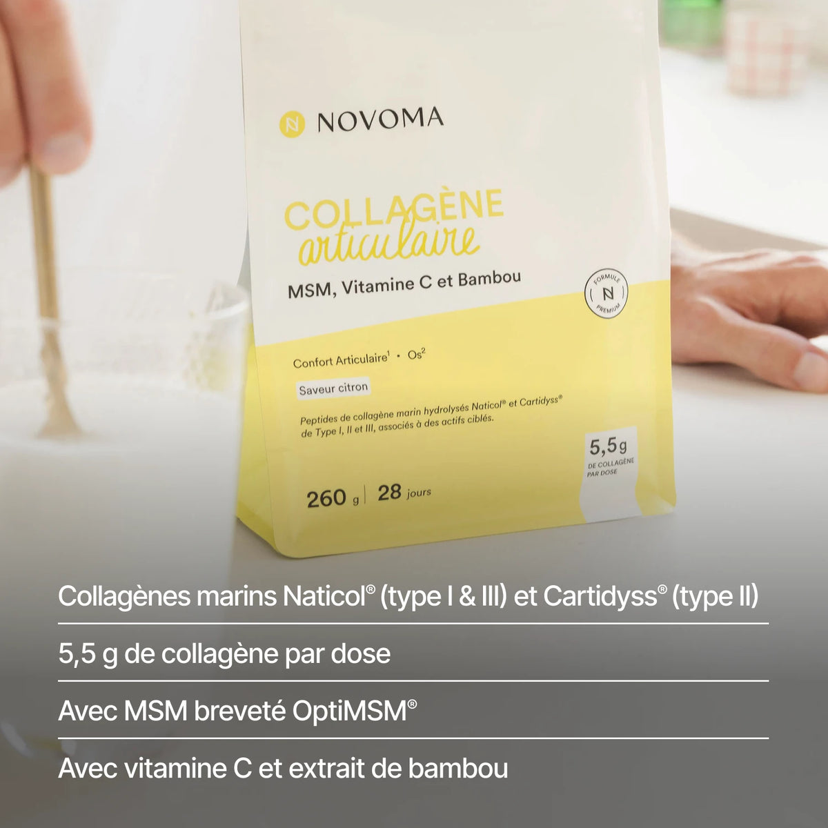 Collagène articulaire : 5,5 g de collagènes Naticol® et Cartidyss®, OptiMSM®, vitamine C et bambou