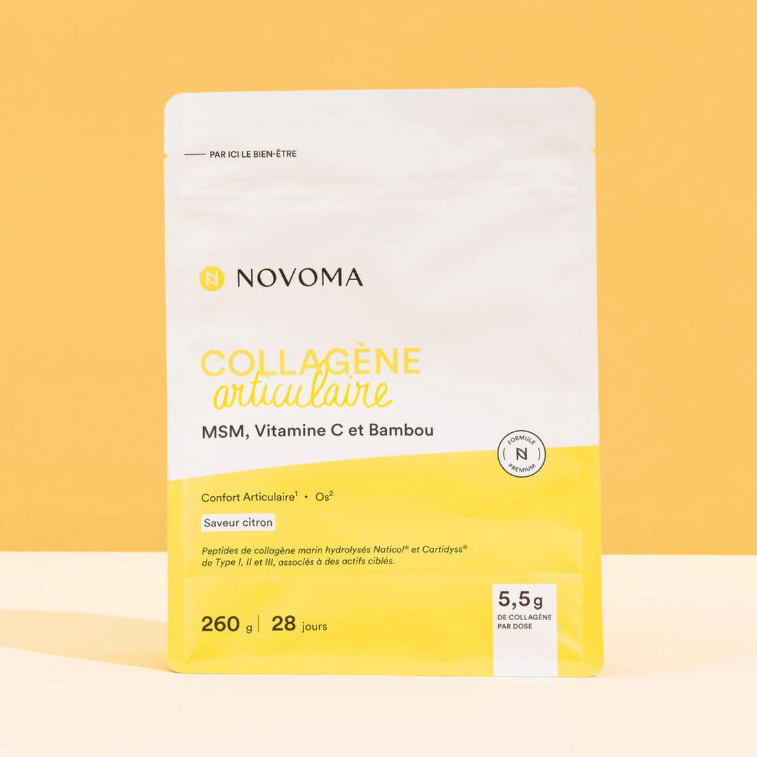Sachet de Collagène articulaire Novoma sur fond jaune
