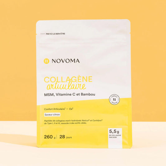 Sachet de Collagène articulaire Novoma sur fond jaune