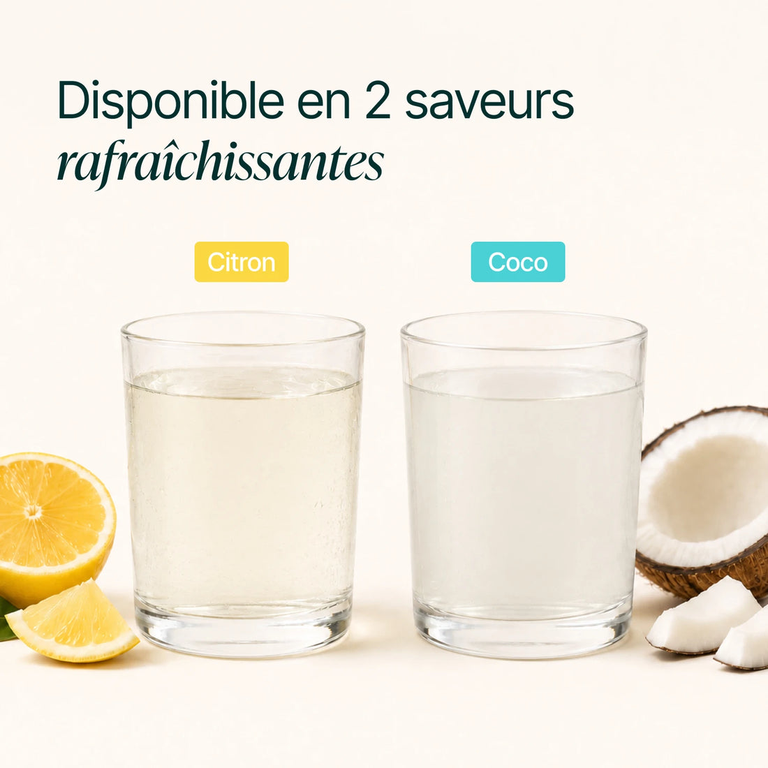 Deux verres de Collagène articulaire, saveurs citron et coco, avec citron et noix de coco