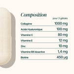Composition du Collagène Marin : 1 000 mg de collagène, 100 mg d'acide hyaluronique, zinc et biotine