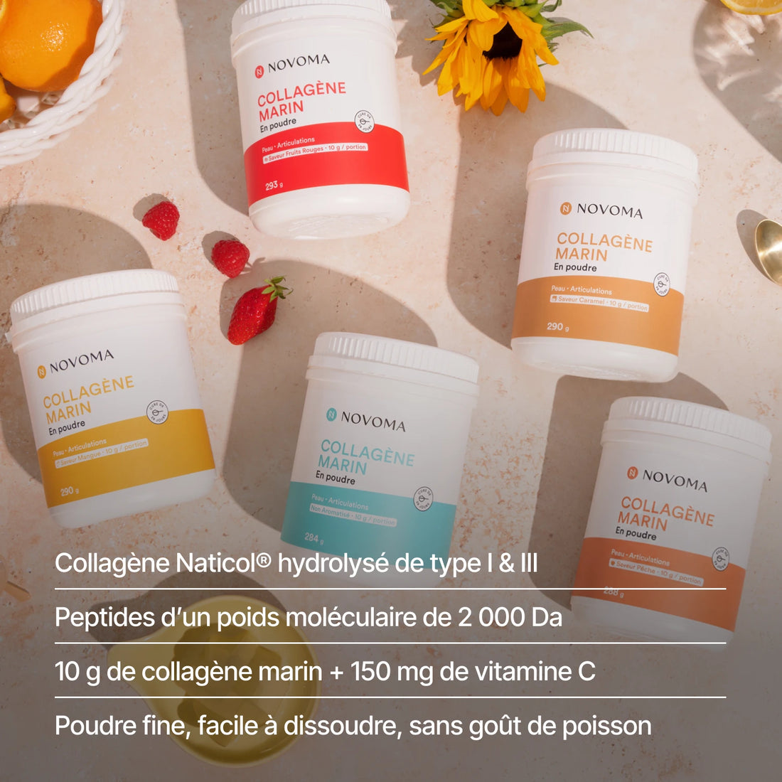 Pots de Collagène Marin en Poudre et fruits : 10 g de collagène Naticol® et 150 mg de vitamine C par portion