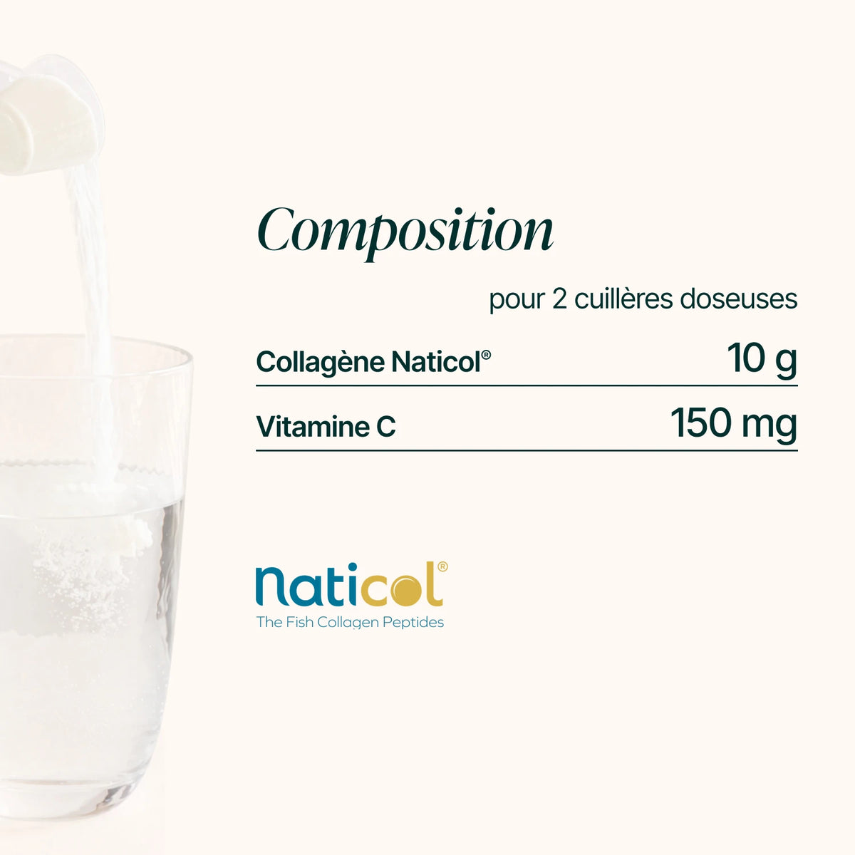 Composition du Collagène Marin en Poudre : 10 g de collagène Naticol® et 150 mg de vitamine C par portion