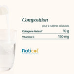 Composition du Collagène Marin en Poudre : 10 g de collagène Naticol® et 150 mg de vitamine C par portion