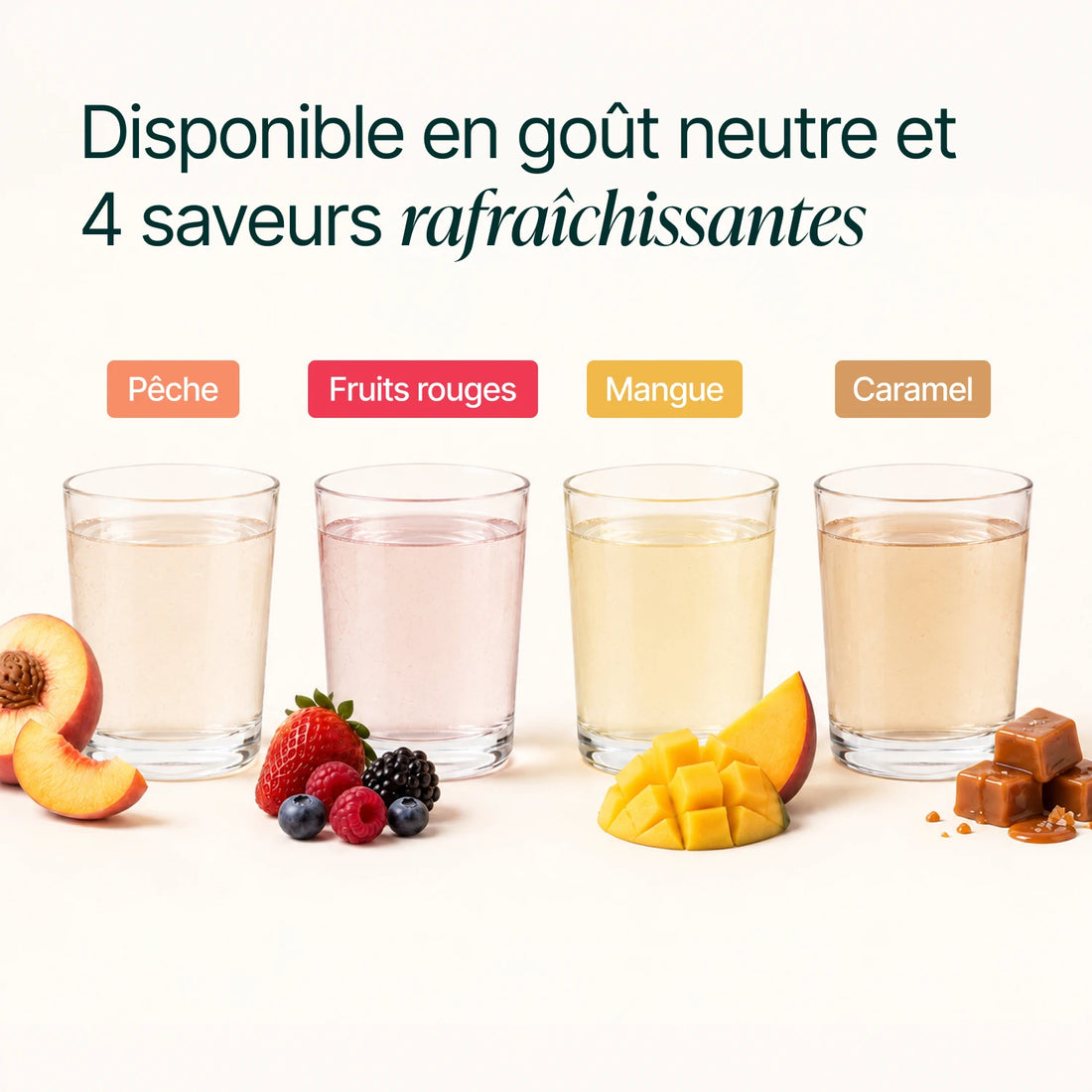 Verres de Collagène Marin en Poudre : goût neutre, pêche, fruits rouges, mangue et caramel