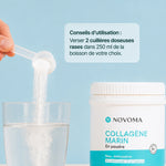 Collagène marin en poudre versé dans un verre : 2 cuillères doseuses rases dans 250 ml de boisson