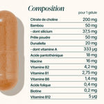 Composition du Complexe Paracelse : choline, bambou, prêle, dunaliella et vitamines B pour 1 gélule