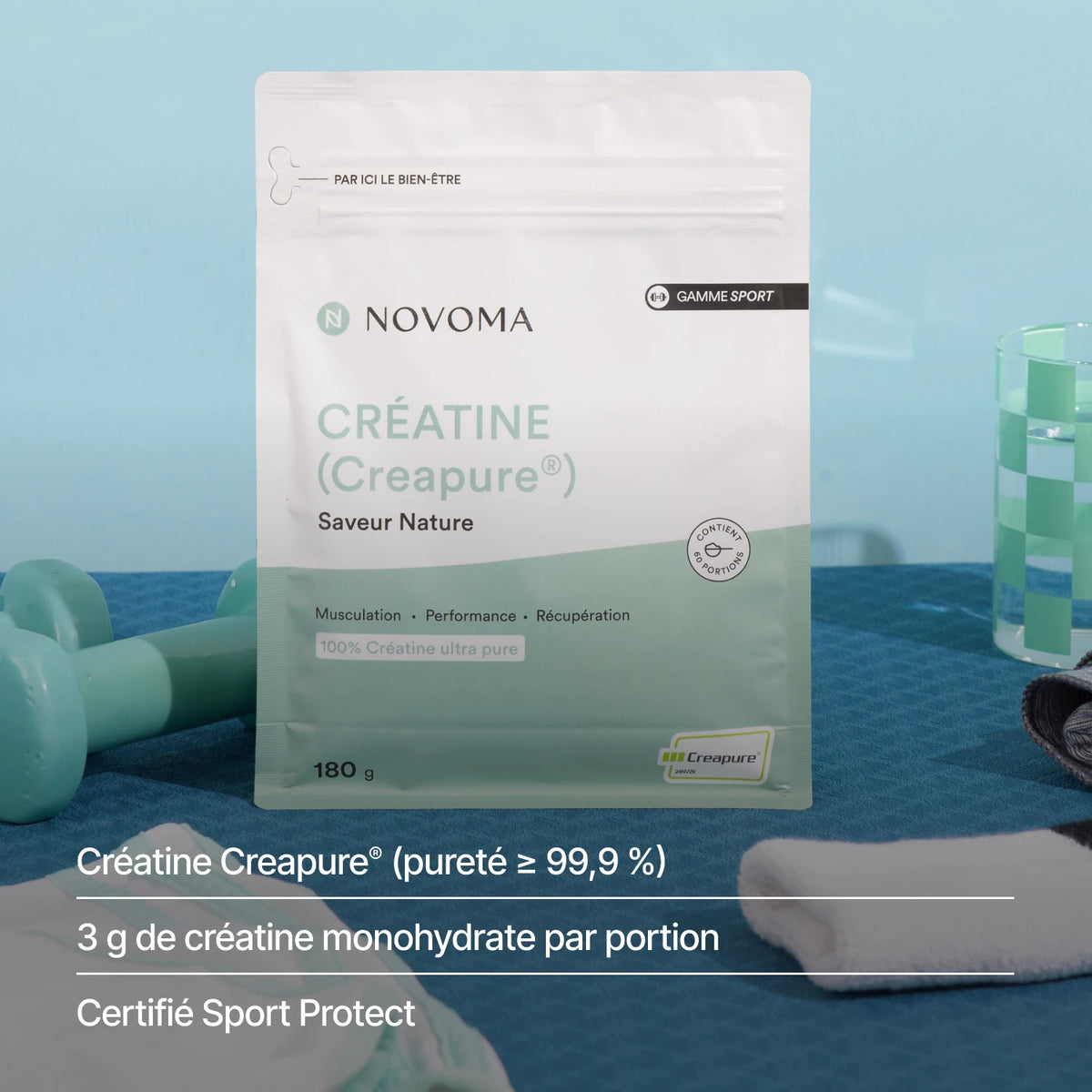 Créatine Creapure® : pureté ≥ 99,9 %, 3 g de créatine monohydrate par portion, certifiée Sport Protect