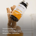 Main tenant le pilulier de Curcuma : Meriva® breveté, 99 mg de curcuminoïdes par gélule, sans pipérine