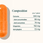 Composition du Curcuma : 300 mg de curcuma dont 99 mg de curcuminoïdes et 150 mg de gingembre par gélule