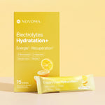 Électrolytes novoma saveur citron sur fond jaune