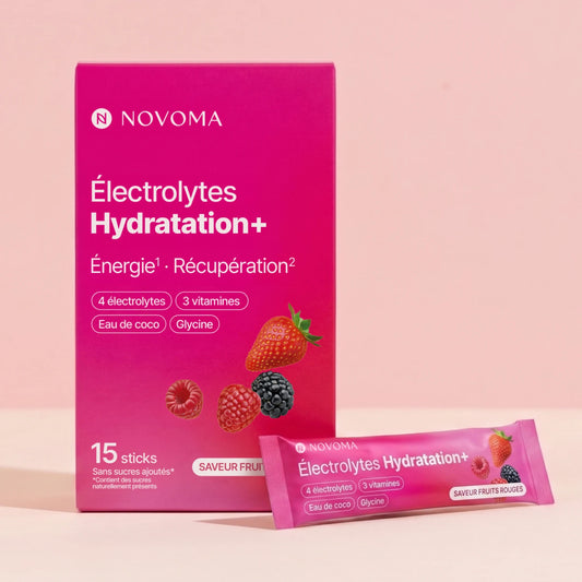 Électrolytes novoma fruits rouge sur fond rose 