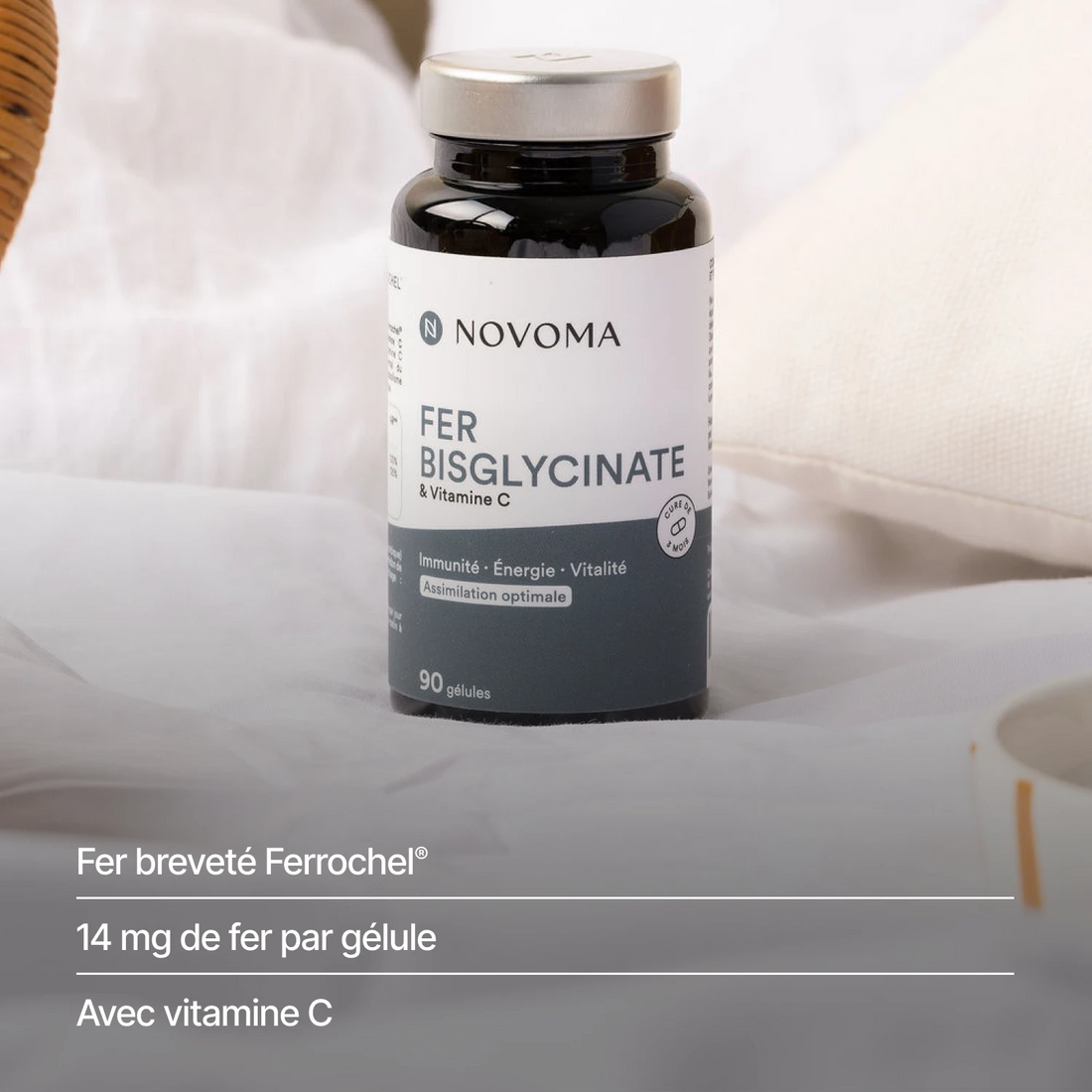 Fer Bisglycinate : fer breveté Ferrochel®, 14 mg de fer par gélule, avec vitamine C