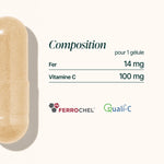 Composition du Fer Bisglycinate : 14 mg de fer et 100 mg de vitamine C par gélule