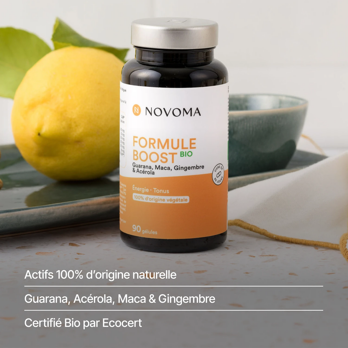 Formule Boost Bio : guarana, acérola, maca et gingembre, actifs naturels certifiés bio par Ecocert