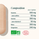 Composition de la Formule Boost Bio : guarana, acérola, maca et gingembre pour 3 gélules