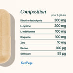 Composition de la Formule Cheveux : kératine hydrolysée, L-cystine, L-méthionine, roquette, zinc, biotine