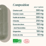 Composition de la Formule Détox Bio : charbon actif, chardon-marie, bouleau, chlorella, citron, gingembre