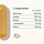 Composition de la Formule Glycémie : mûrier blanc, cannelle, berberis et 200 µg de chrome pour 2 gélules