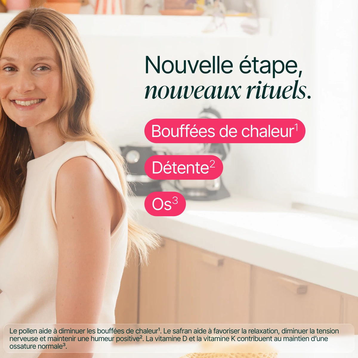 Femme souriante : nouvelle étape, nouveaux rituels, bouffées de chaleur, détente et os