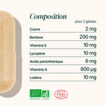 Composition de la Formule Soleil : cuivre, bardane, vitamines E et A, lycopène et lutéine