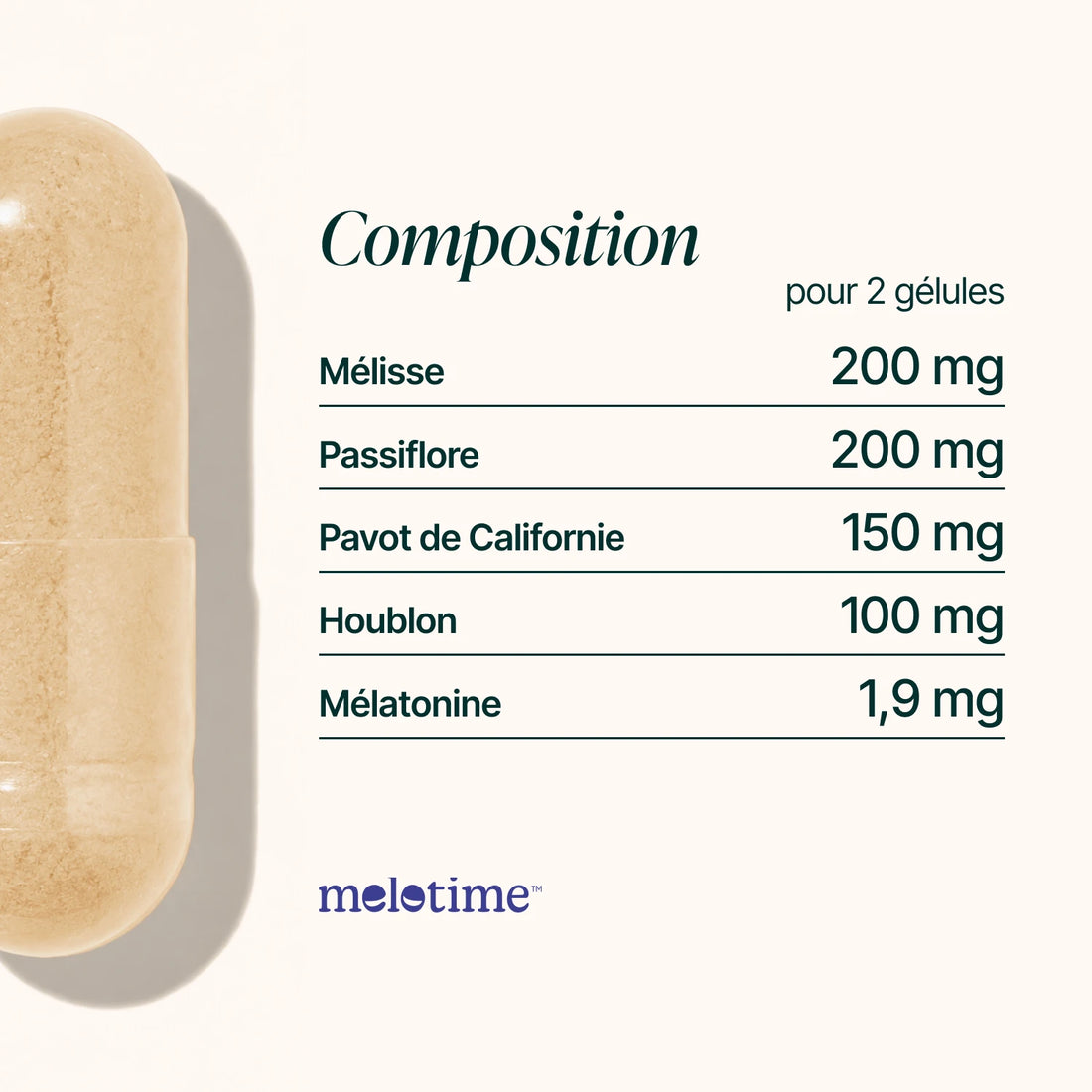 Composition de la Formule Sommeil : mélisse, passiflore, pavot de Californie, houblon et mélatonine