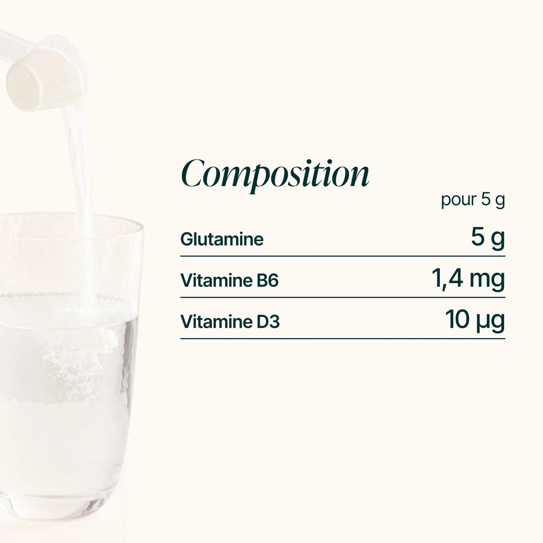 Composition de la L-Glutamine : 5 g de glutamine, 1,4 mg de vitamine B6 et 10 µg de vitamine D3