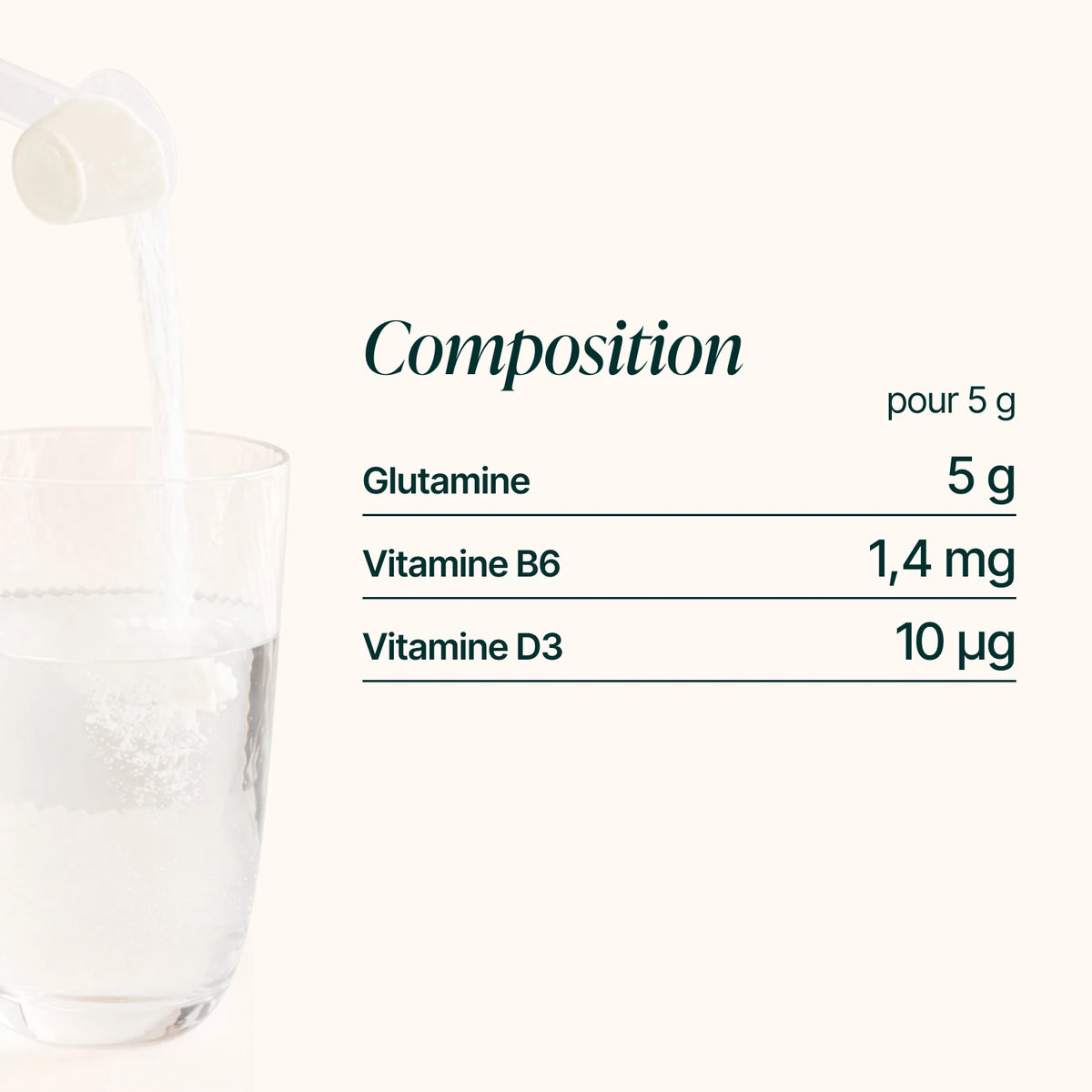 Composition de la L-Glutamine : 5 g de glutamine, 1,4 mg de vitamine B6 et 10 µg de vitamine D3
