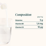 Composition de la L-Glutamine : 5 g de glutamine, 1,4 mg de vitamine B6 et 10 µg de vitamine D3