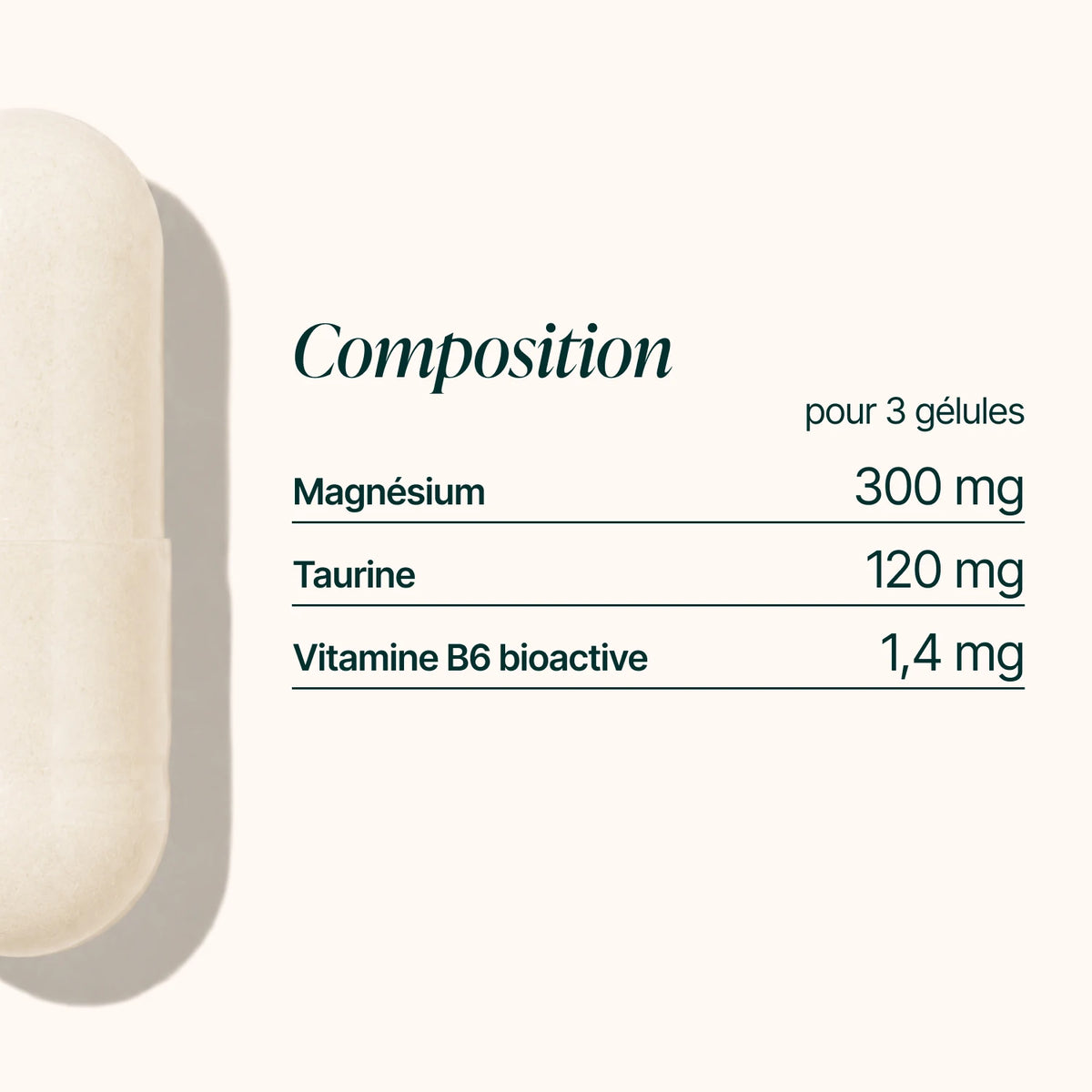Composition du Magnésium Bisglycinate : 300 mg de magnésium, 120 mg de taurine et 1,4 mg de vitamine B6