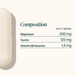 Composition du Magnésium Bisglycinate : 300 mg de magnésium, 120 mg de taurine et 1,4 mg de vitamine B6