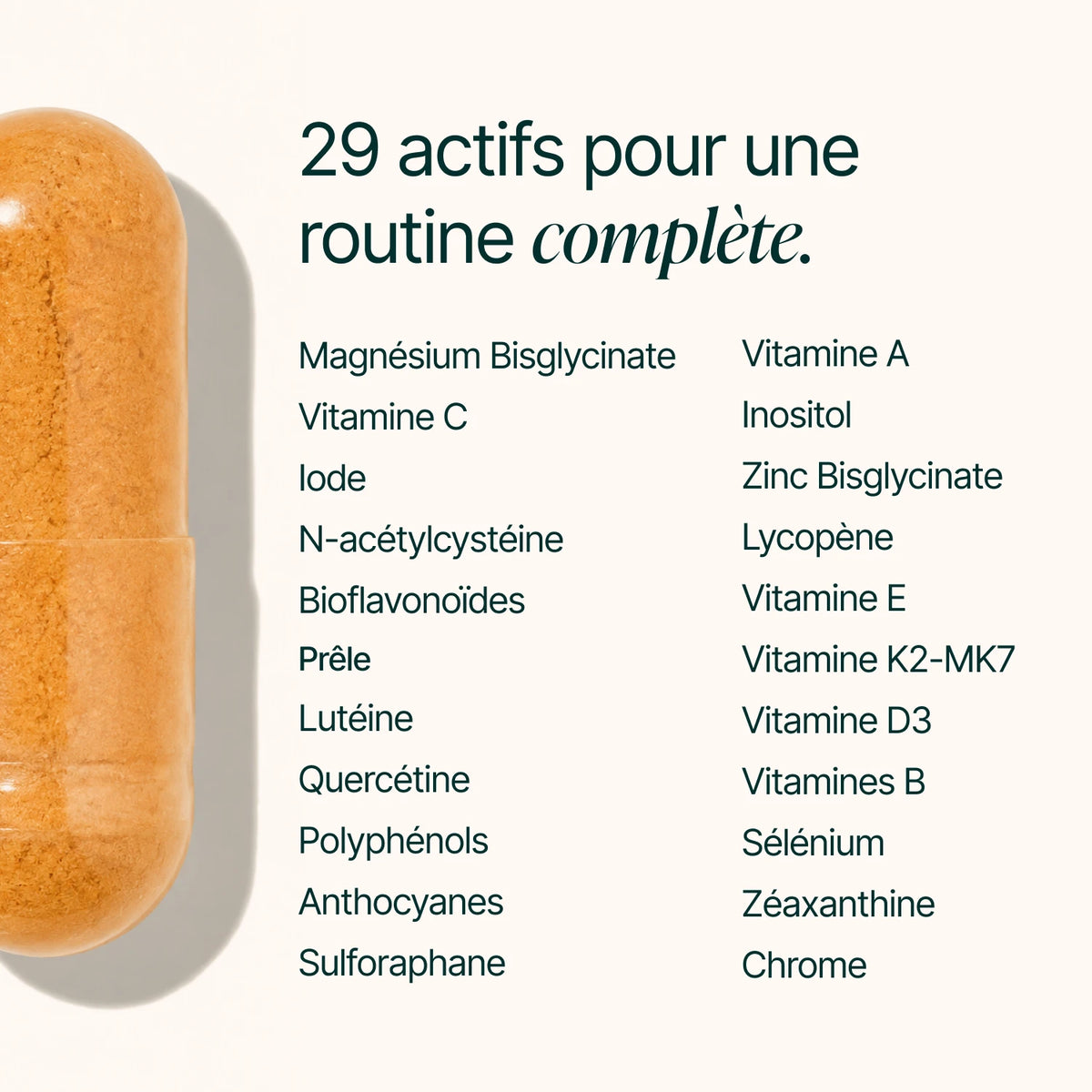 Composition du Multivitamines : 29 actifs dont magnésium bisglycinate, vitamine C, iode, zinc et vitamines B