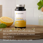 Oméga 3 Epax® en triglycérides : 800 mg d'EPA et 600 mg de DHA pour 4 capsules, indice TOTOX < 3
