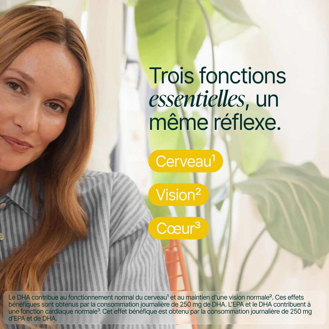 Femme souriante et pensive : trois fonctions essentielles, cerveau, vision et cœur