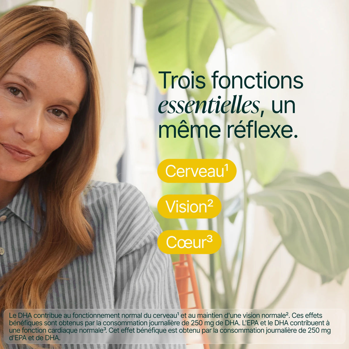 Femme souriante et pensive : trois fonctions essentielles, cerveau, vision et cœur