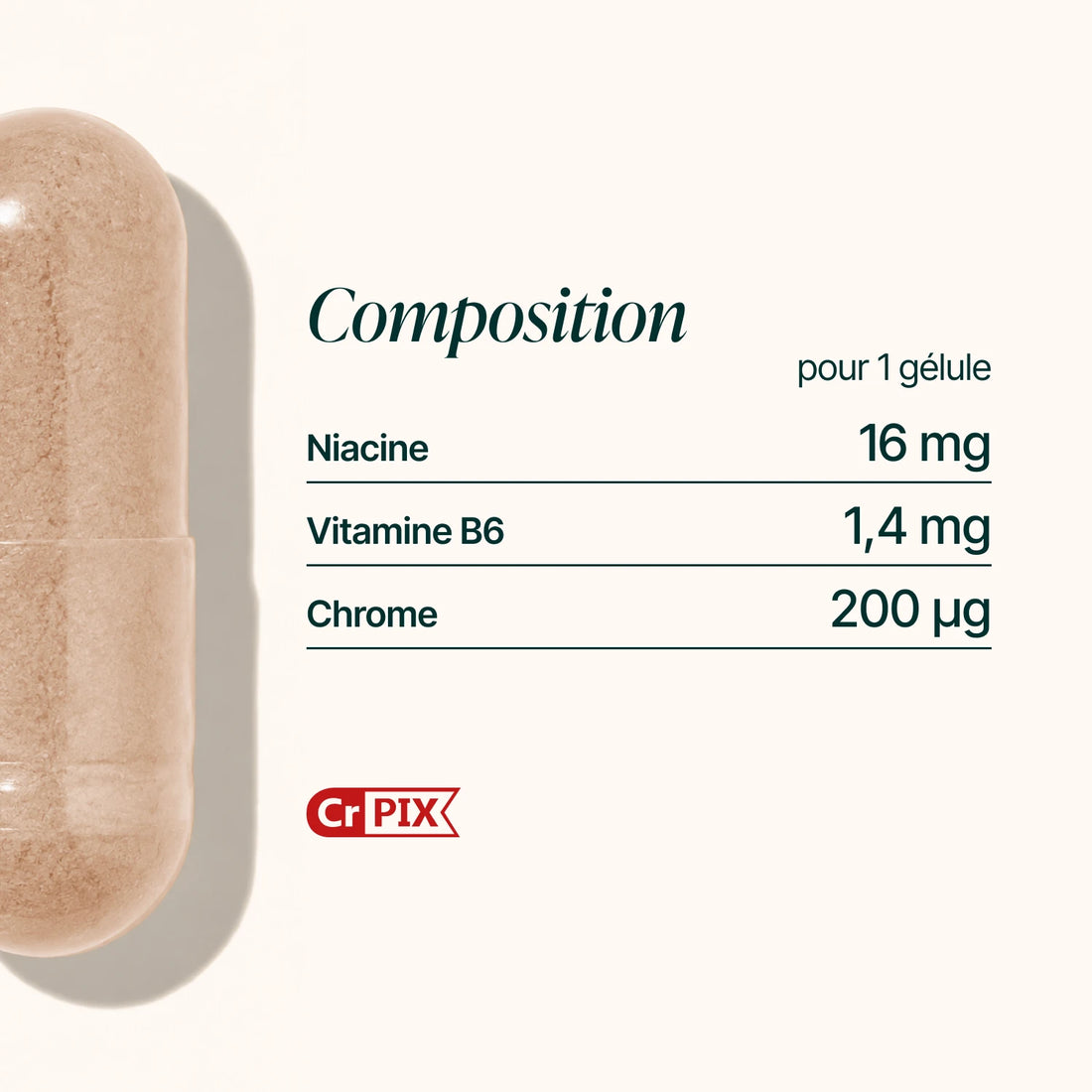 Composition du Picolinate de Chrome : 200 µg de chrome, 16 mg de niacine et 1,4 mg de vitamine B6