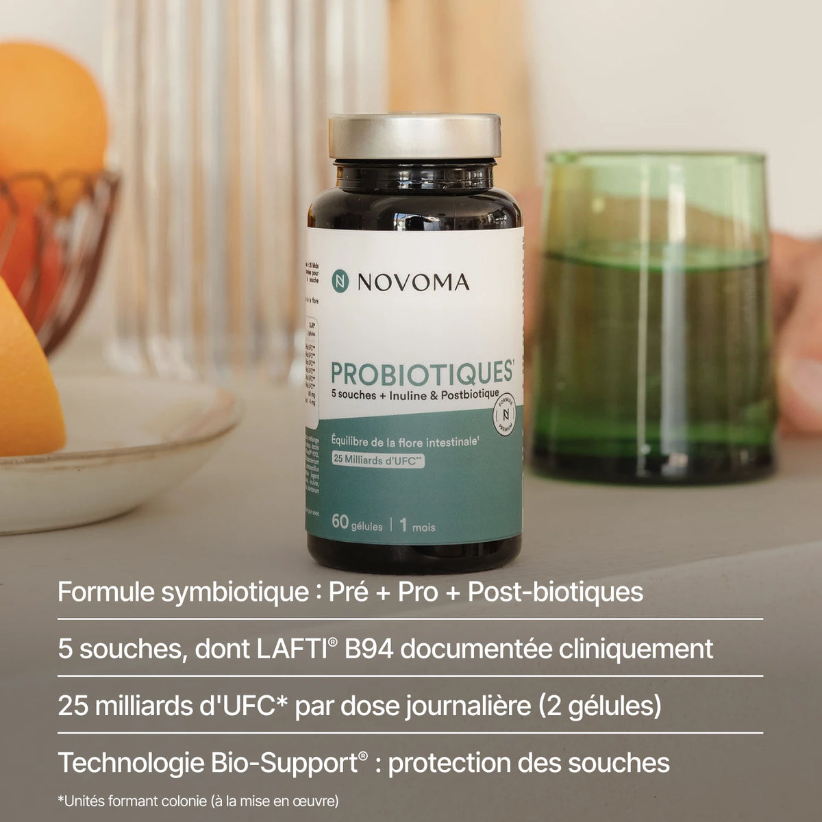 Probiotiques et jus vert : 5 souches dont LAFTI® B94, 25 milliards d'UFC pour 2 gélules
