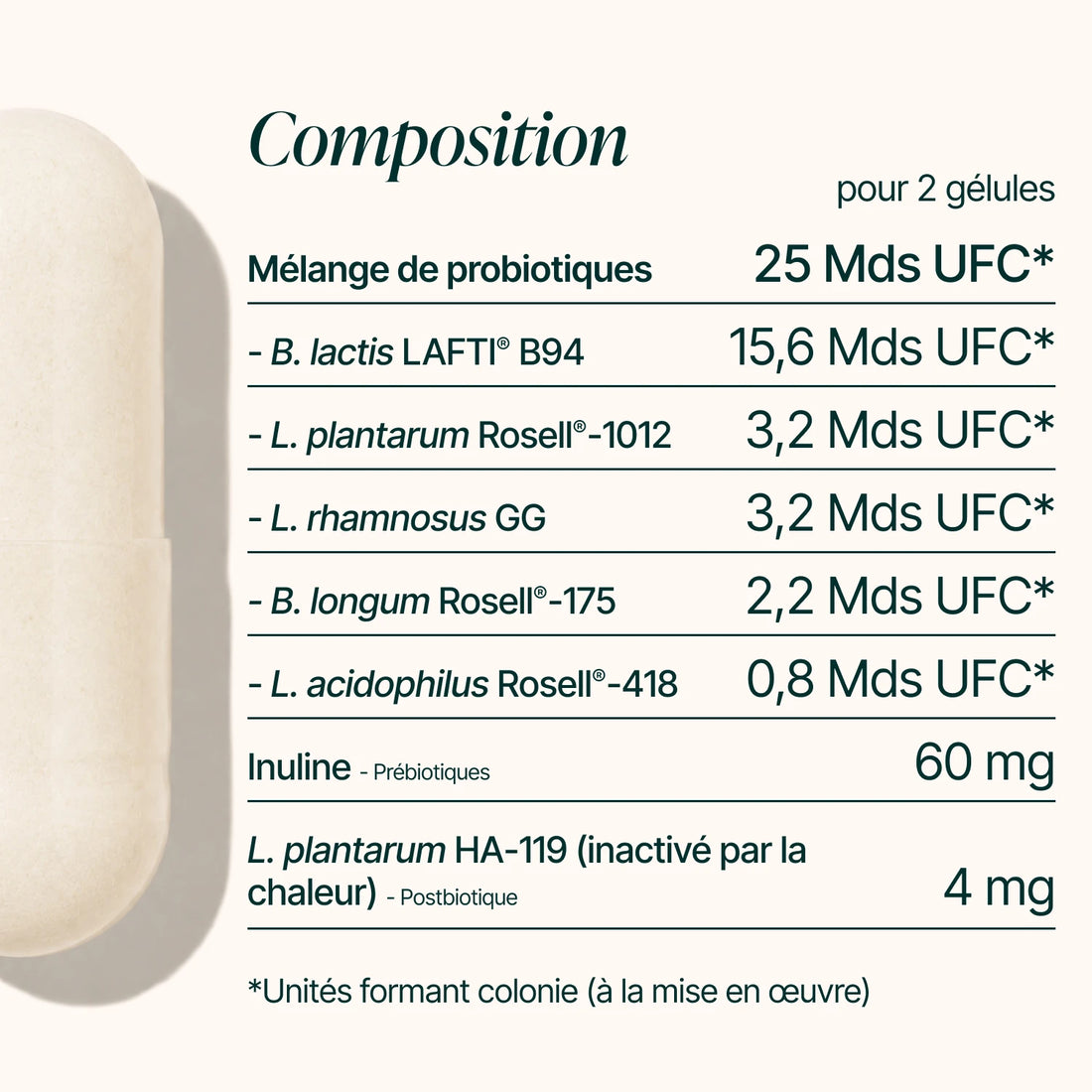 Composition des Probiotiques : 25 milliards d'UFC de 5 souches, inuline et postbiotique pour 2 gélules