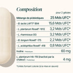 Composition des Probiotiques : 25 milliards d'UFC de 5 souches, inuline et postbiotique pour 2 gélules