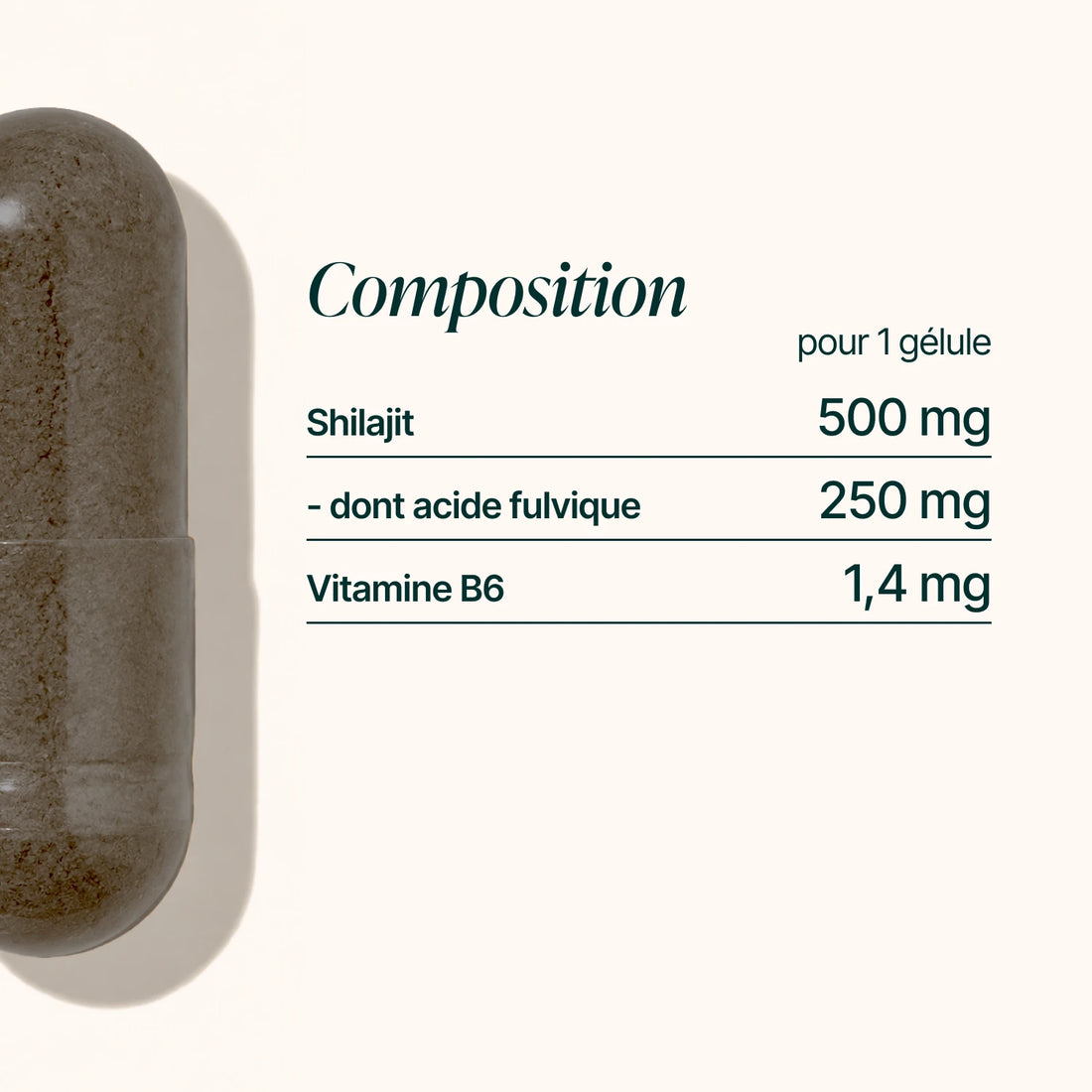Composition du Shilajit : 500 mg de shilajit dont 250 mg d'acide fulvique et 1,4 mg de vitamine B6 par gélule
