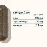 Composition du Shilajit : 500 mg de shilajit dont 250 mg d'acide fulvique et 1,4 mg de vitamine B6 par gélule