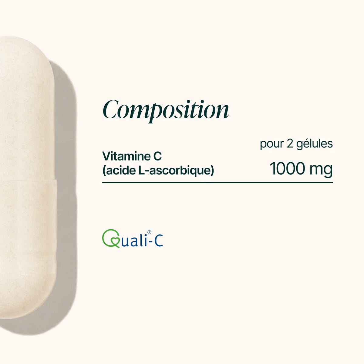 Composition de la Vitamine C Quali®-C : 1 000 mg d'acide L-ascorbique pour 2 gélules